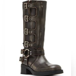 Steve Madden Rocky Distressed Leather Buckle Hardware Tall Moto Boots 7.5 $159
